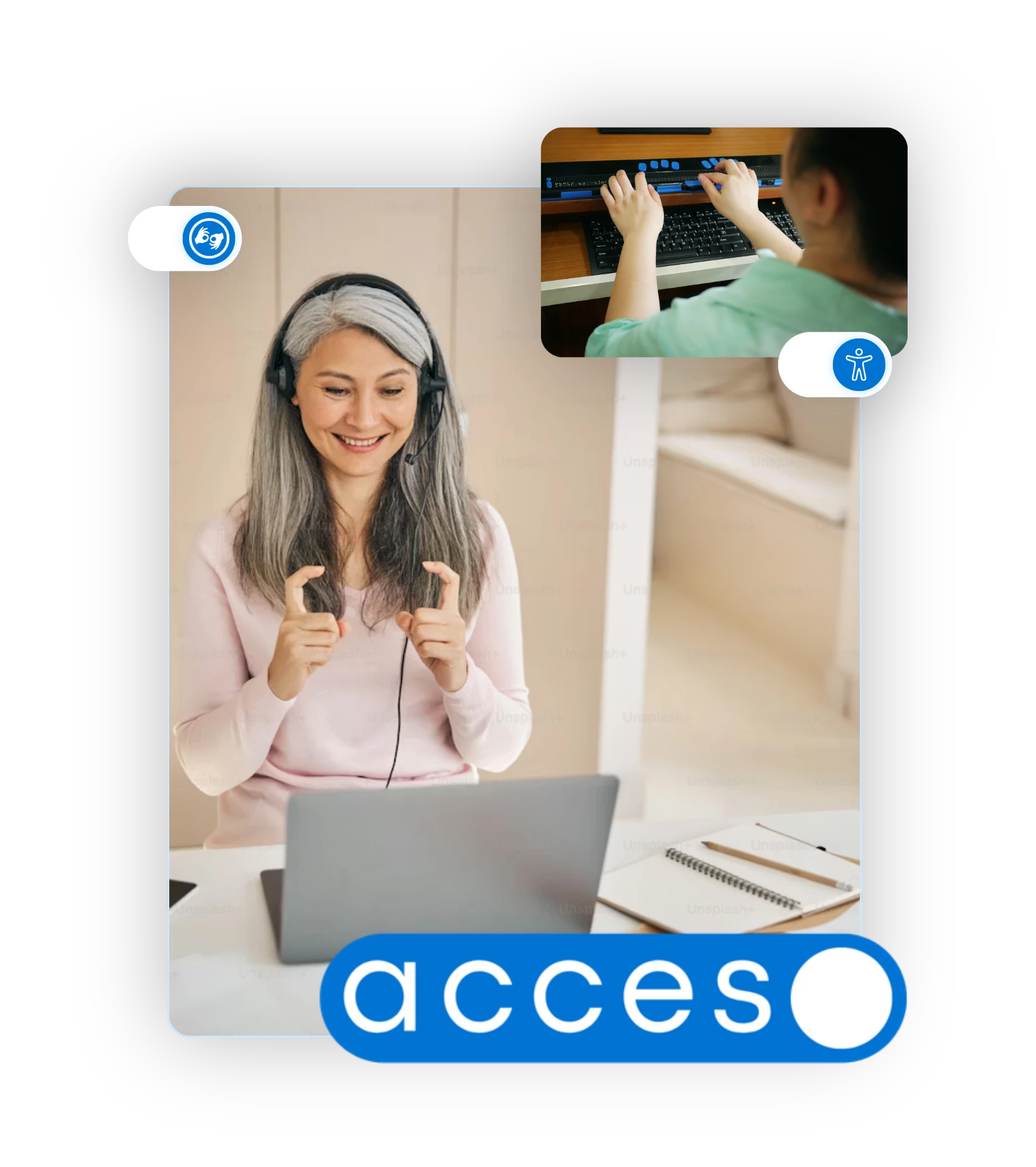 Dos personas usan tecnologías de apoyo: una mujer con auriculares se comunica en lengua de signos ante un portátil y, en otra imagen, una persona escribe con un teclado y una línea braille.
